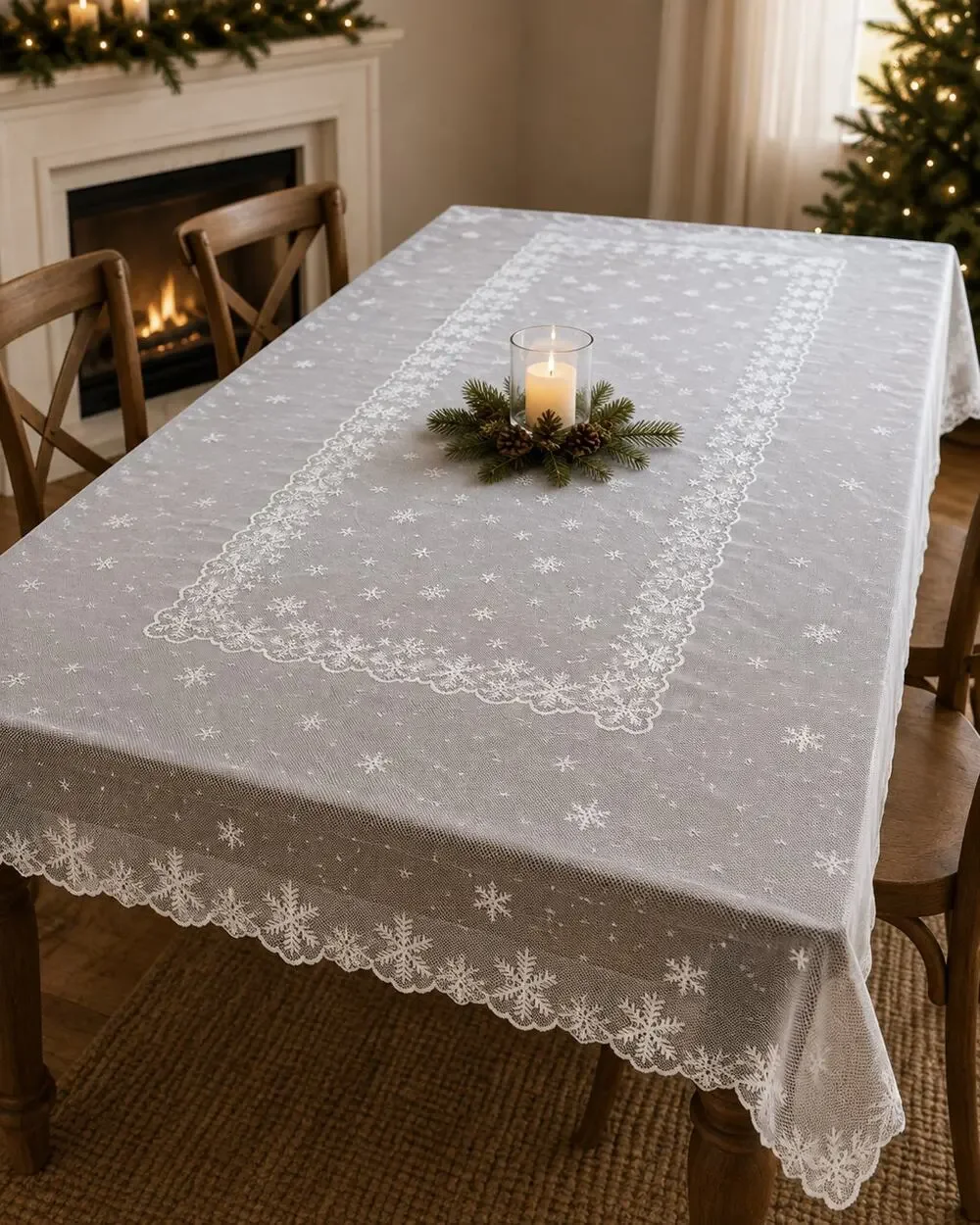 Vintage Christmas Snowflake Lace Tablecloth White Holiday Winter Decor 60x52